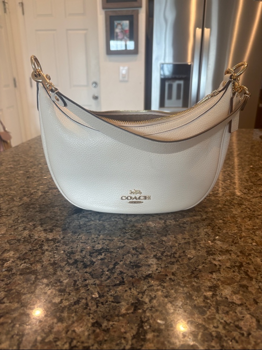 Coach Cream Pebbled Leather Crescent Shoulder Bag with Gold Hardware